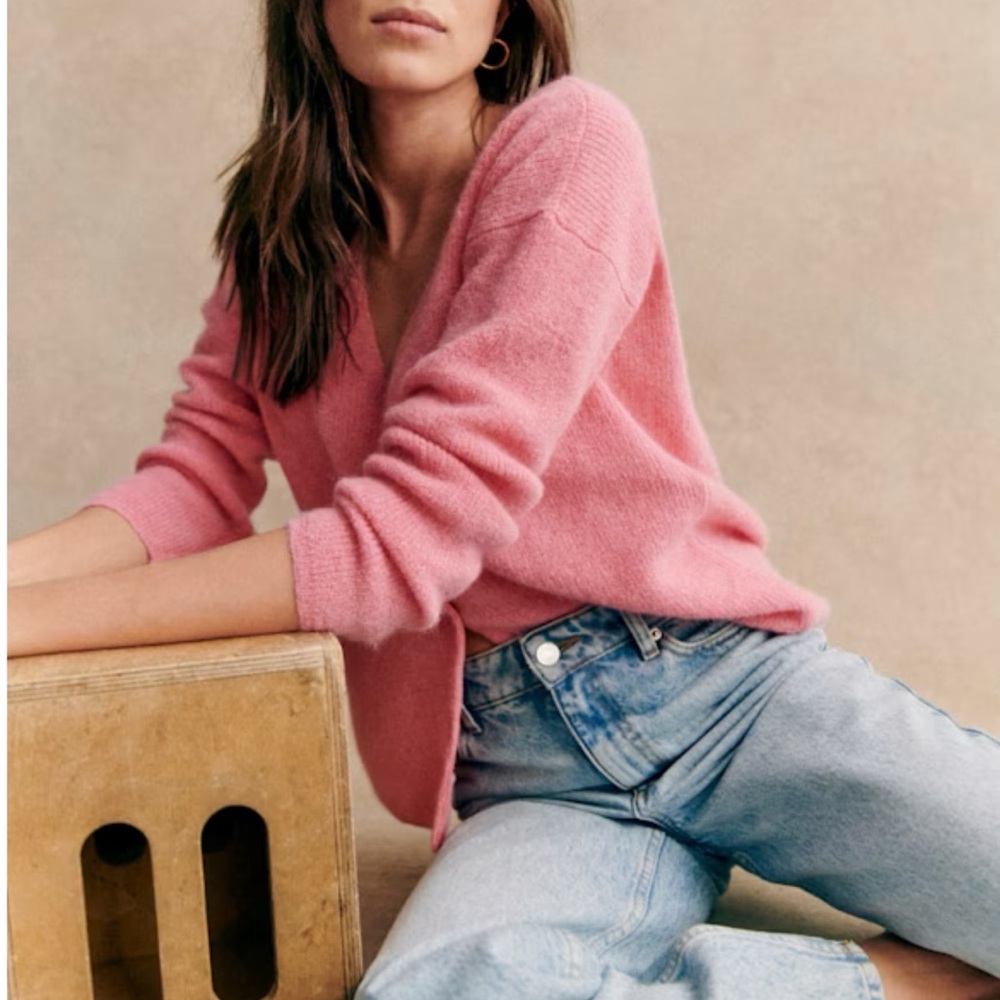 SEZANE NWT Rose Pink Alpaca Mohair Wool Reversible V Neck Barry Cardigan Sweater - Picture 11 of 16